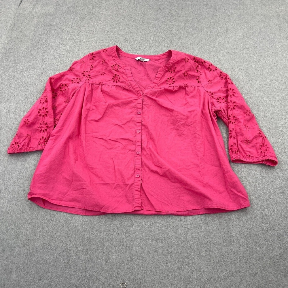 Croft Barrow Shirt Womens XXLP Pink Eyelet Floral Boho 3/4 Sleeve Cottage